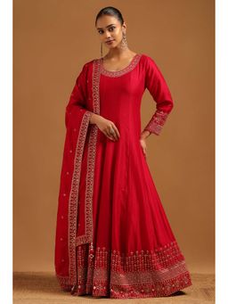 Soch - Red Embroidered Three Fourth Sleeves Gown and Dupatta