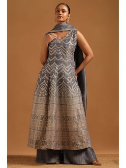 Soch - Grey Embroidered Sleeveless Kurta & Unstitched Sleeves with Palazzo-Dupatta