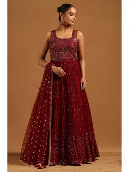 Soch - Maroon Embellished Sleeveless Gown & Unstitched Sleeves with Dupatta