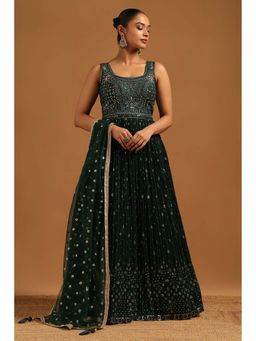 Soch - Green Embellished Sleeveless Gown & Unstitched Sleeves with Dupatta