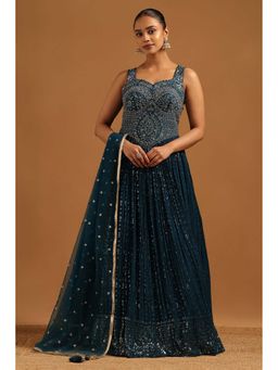 Soch - Teal Embellished Sleeveless Gown & Unstitched Sleeves with Dupatta