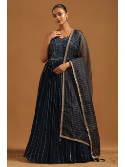 Soch - Navy Blue Embellished Sleeveless Gown & Unstitched Sleeves with Dupatta