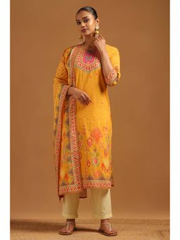 Soch - Mustard Printed Three Fourth Sleeves Kurta Pant & Dupatta