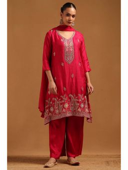 Soch - Pink Embroidered Three Fourth Sleeves Kurti Palazzo & Dupatta