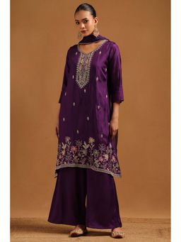 Soch - Purple Embroidered Three Fourth Sleeves Kurti Palazzo & Dupatta