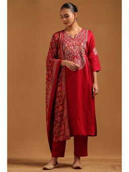 Soch - Red Embroidered Three Fourth Sleeves Kurta Pant & Dupatta