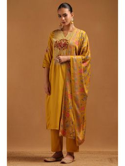 Soch - Yellow Embroidered Three Fourth Sleeves Kurta Pant & Dupatta