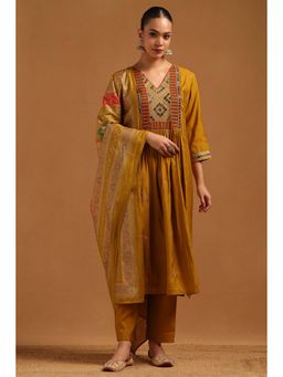 Soch - Mustard Embroidered Three Fourth Sleeves Kurta Pant & Dupatta