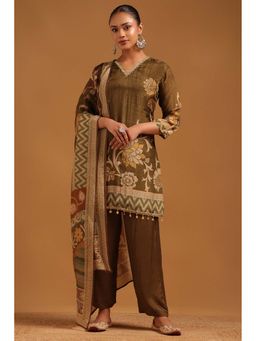 Soch - Olive Floral Three Fourth Sleeves Kurti Pant & Dupatta