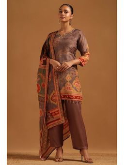 Soch - Brown Embellished Three Fourth Sleeves Kurti Pant & Dupatta