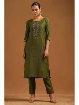 Soch - Olive Embroidered Three Fourth Sleeves Kurta & Pant