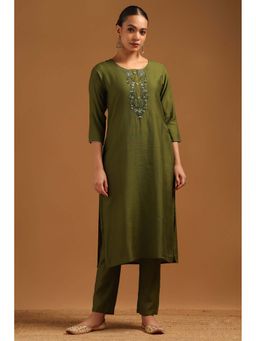 Soch - Olive Embroidered Three Fourth Sleeves Kurta & Pant