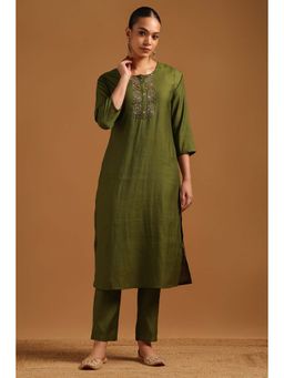 Soch - Olive Solid/Plain Three Fourth Sleeves Kurta & Pant