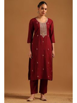 Soch - Maroon Embellished/Sequined Three Fourth Sleeves Kurta & Pant