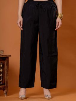 ARAMYA - Black Solid/Plain Mid Waist Palazzo