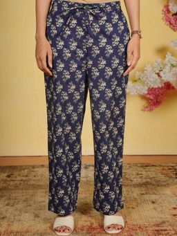 ARAMYA - Navy Blue Floral Mid Waist Pant