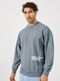 Styli - Men Acid Wash Minimal Print Boxy Fit Blue Sweatshirt
