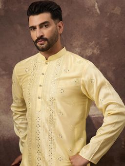 ETHNIC BAY - Men Silk Blend Solid Embroidered Straight Yellow Kurta