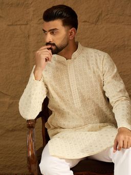 ETHNIC BAY - Men Off White Cotton Embroidered Straight Kurta with Pyjama