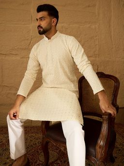 ETHNIC BAY - Men Off White Cotton Embroidered Straight Kurta with Pyjama