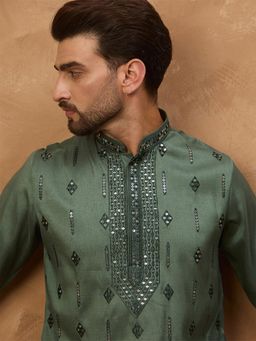 ETHNIC BAY - Men Olive Silk Blend Embroidered Straight Kurta with Pyjama