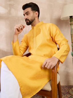 ETHNIC BAY - Men Silk Blend Yellow Self Design Kurta