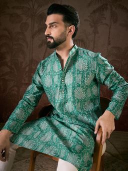 ETHNIC BAY - Men Silk Blend Teal Floral Kurta