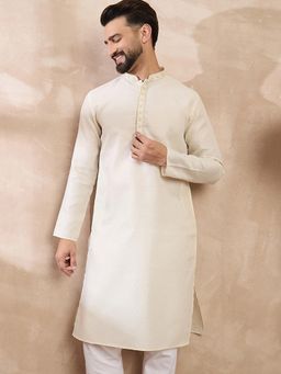 ETHNIC BAY - Men Silk Blend Off White Textured Kurta with Pyjama