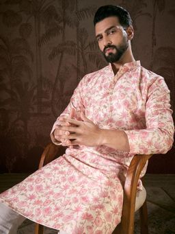 ETHNIC BAY - Men Silk Blend Off White Floral Kurta with Pyjama