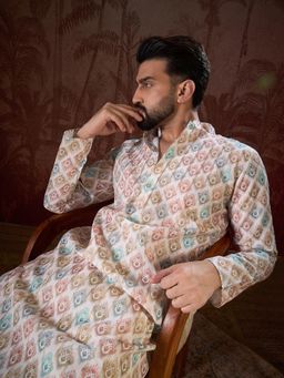 ETHNIC BAY - Men Silk Blend White Ethnic Kurta with Pyjama