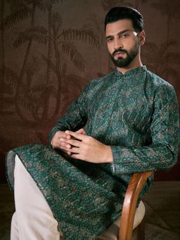 ETHNIC BAY - Men Silk Blend Green Printed Kurta with Pyjama