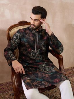 ETHNIC BAY - Black Silk Blend Floral Straight Kurta