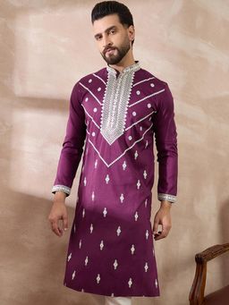 ETHNIC BAY - Purple Silk Blend Embroidered Straight Kurta with Pyjama