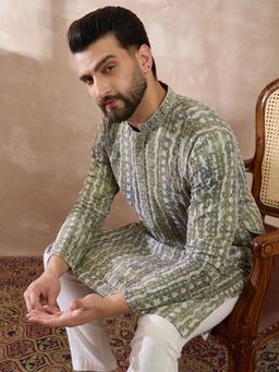 ETHNIC BAY - Green Silk Blend Geometric Straight Kurta with Pyjama