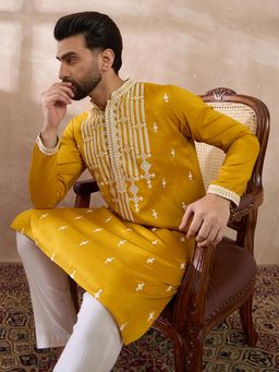 ETHNIC BAY - Yellow Silk Blend Embroidered Straight Kurta with Pyjama