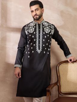ETHNIC BAY - Black Silk Blend Embroidered Straight Kurta with Pyjama