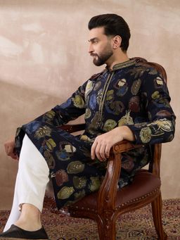 ETHNIC BAY - Navy Blue Silk Blend Abstract Straight Kurta with Pyjama