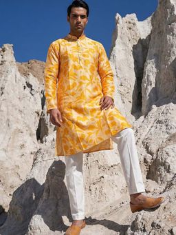 ETHNIC BAY - Men Yellow Silk Blend Printed Straight Kurta