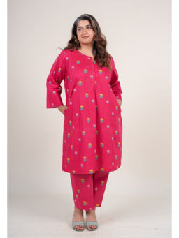 The Indian Ethnic Co. - Kaaya Hot Pink Printed Cotton Straight Pant with Kurta