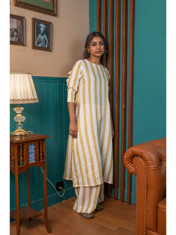 SIARA WOMEN - Mustard Linen Stripes Kurta and Pant
