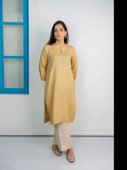 SIARA WOMEN - Yellow Linen Embroidered Kurta and Pant