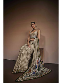 THE ROYALEUM ATELIER - Sand Beige Check Pre Drape Saree with Stitched