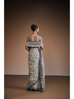 THE ROYALEUM ATELIER - Dark Slate Blue Pre Drape Saree with Stitched