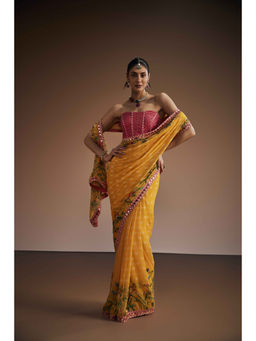 THE ROYALEUM ATELIER - Mustard Floral Pre Drape Saree with Stitched