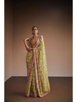 THE ROYALEUM ATELIER - Sage Green Thread Work Pre Drape Saree with Stitched
