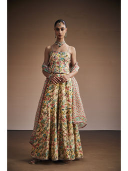 THE ROYALEUM ATELIER - Cream Vintage Floral Corset With Sharara And Dupatta