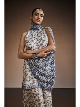 THE ROYALEUM ATELIER - Dark Slate Blue Halter Neck Kurta With Palazzo And Dupatta