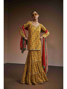 THE ROYALEUM ATELIER - Mustard Floral Kurta With Sharara And Dupatta