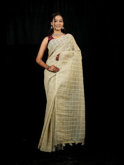Isadora Life - Beige Soft Linen with Velvet Chex and Aari Mirror Work Saree with Unstitched
