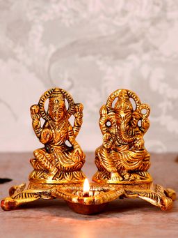 eCraftIndia - Golden Goddess Laxmi With Lord Ganesha Idol Metal Showpiece with Diya
